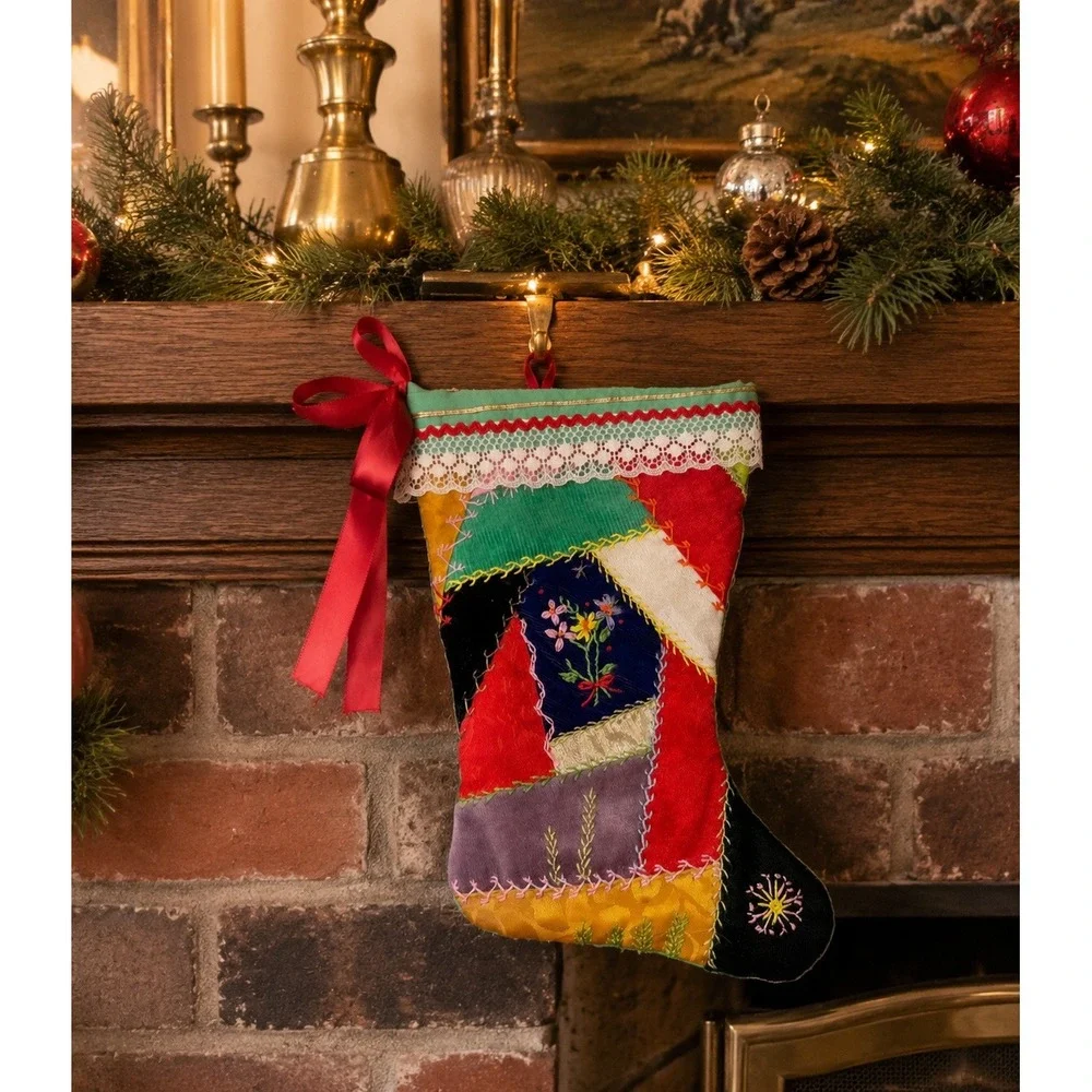 Vintage Handmade Crazy Quilt Christmas Stocking 10